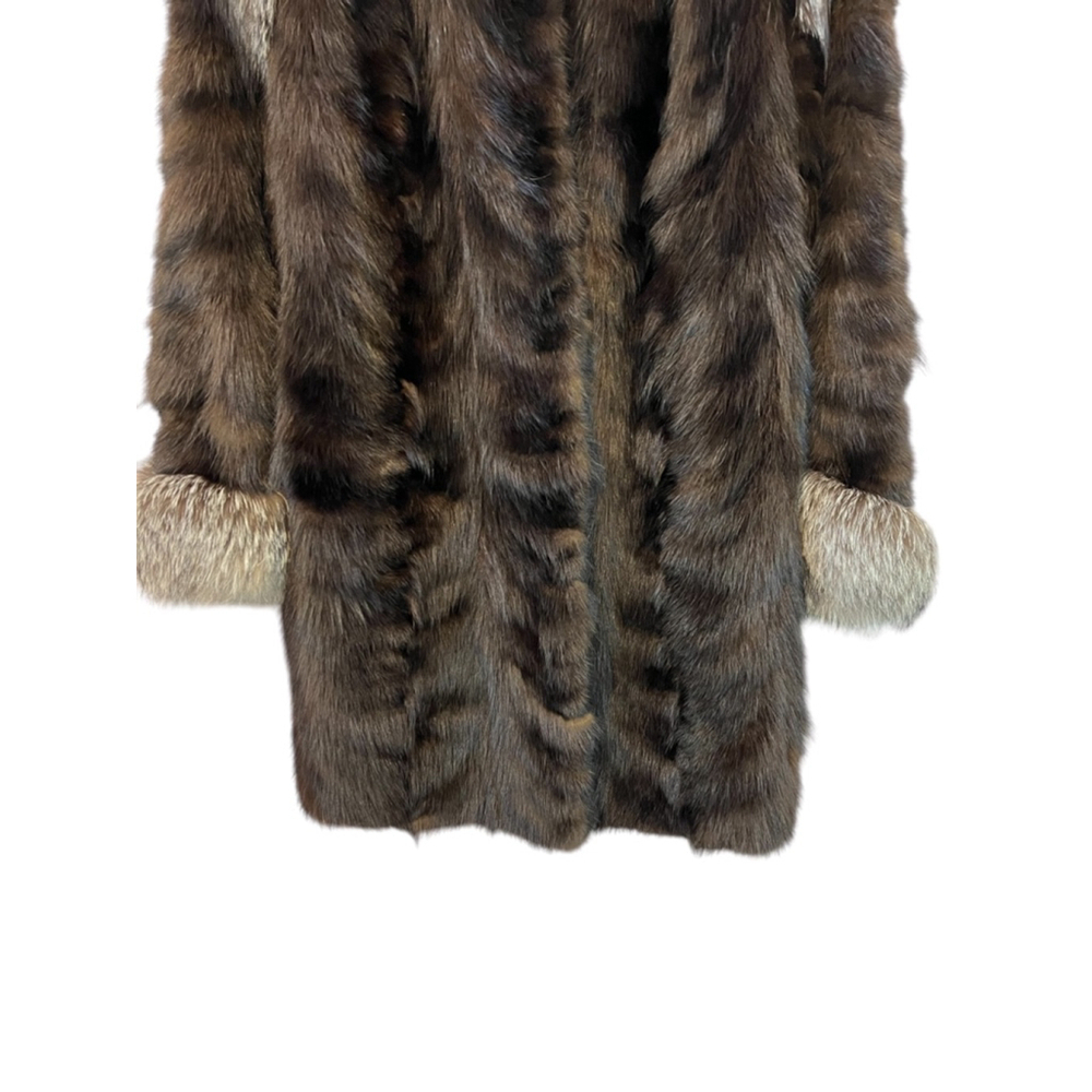 VINTAGE Mink Fur Brown Grey Trim Mid Length Heavy Coat Jacket L - Picture 3 of 10